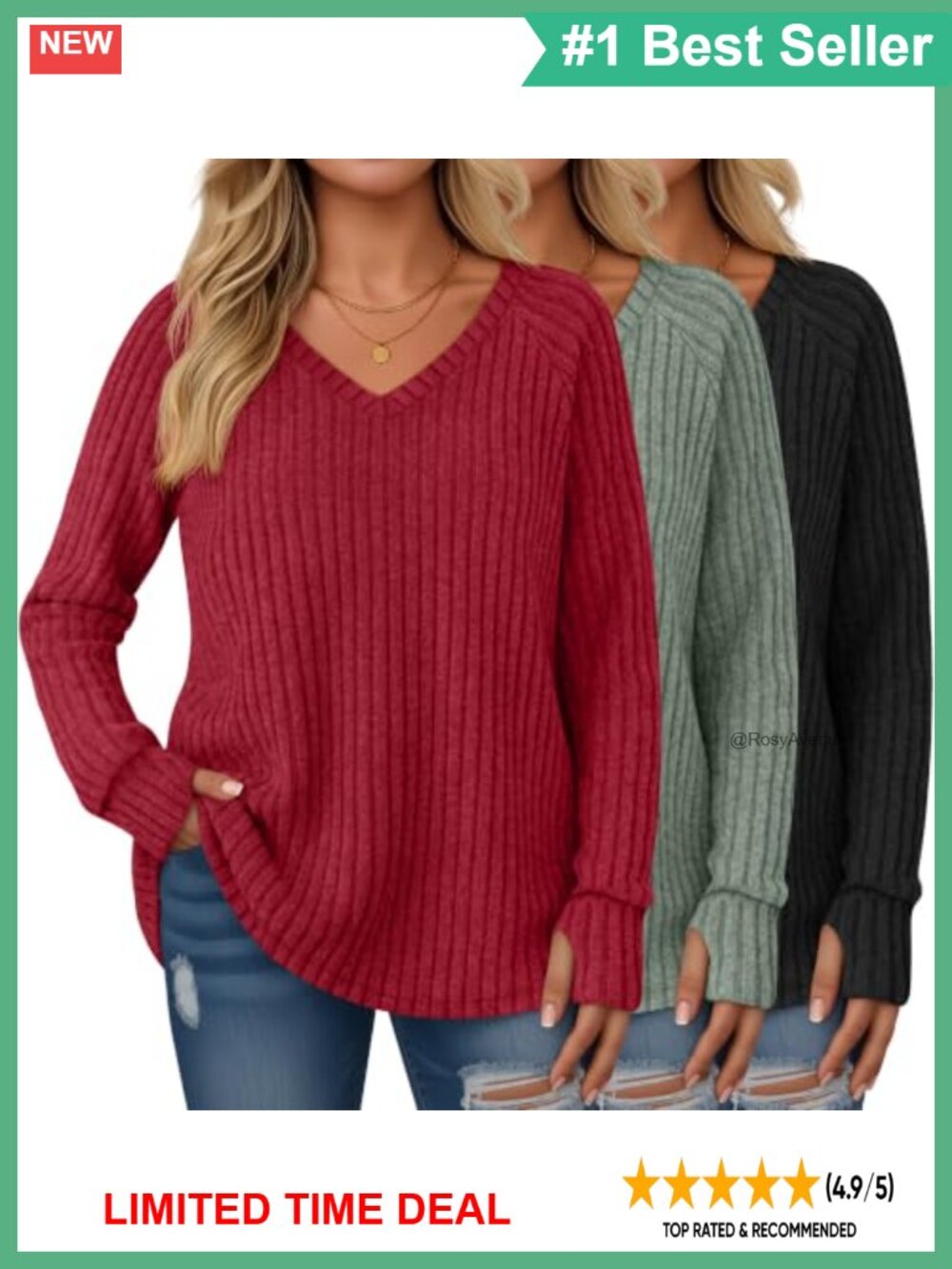 Plus Size Tunic Sweaters 3 Pack Brushed Rib Knit V Neck Thumbholes